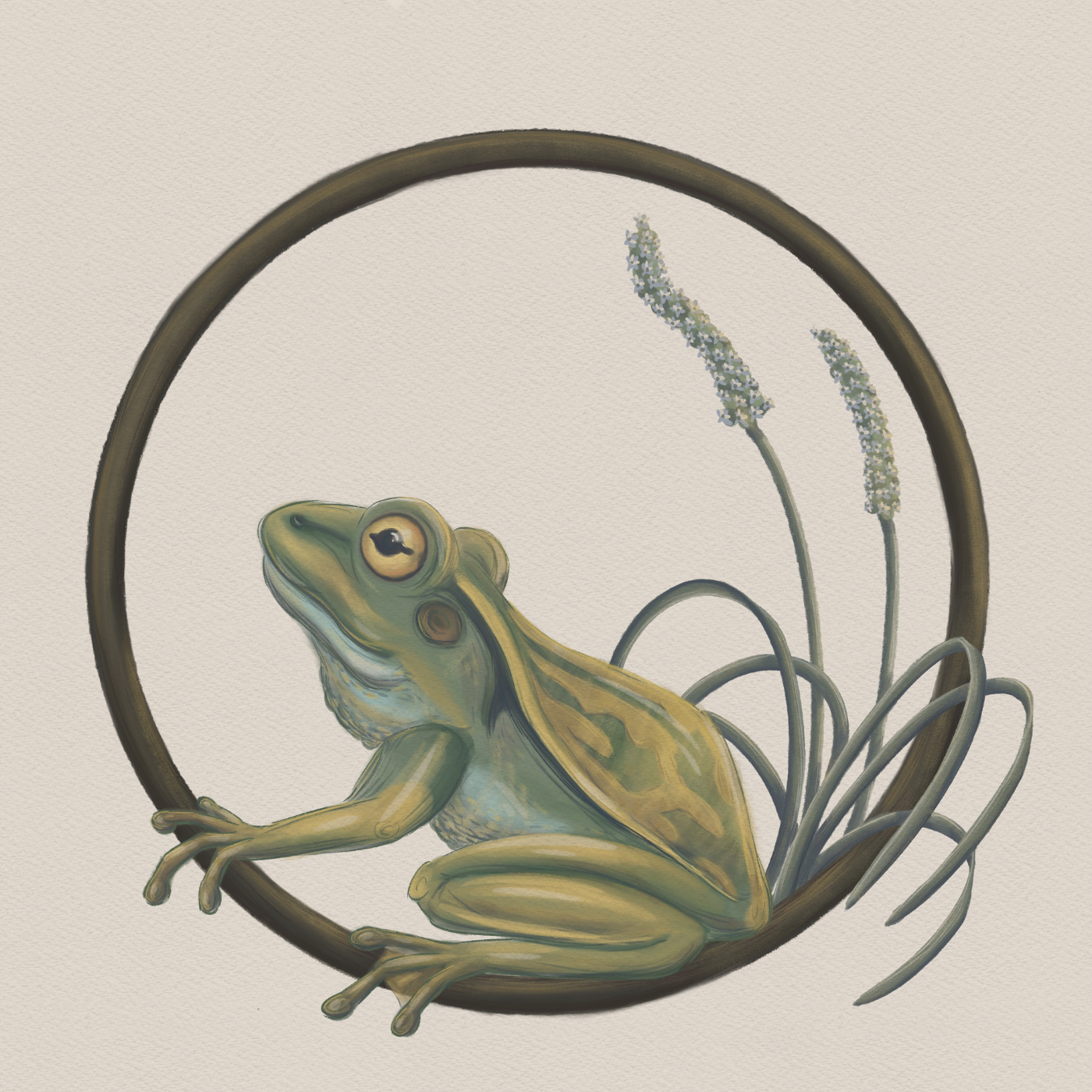 Lucy Smith - 'A Princely Frog’ - Green and Gold Frog among Water Ribbons