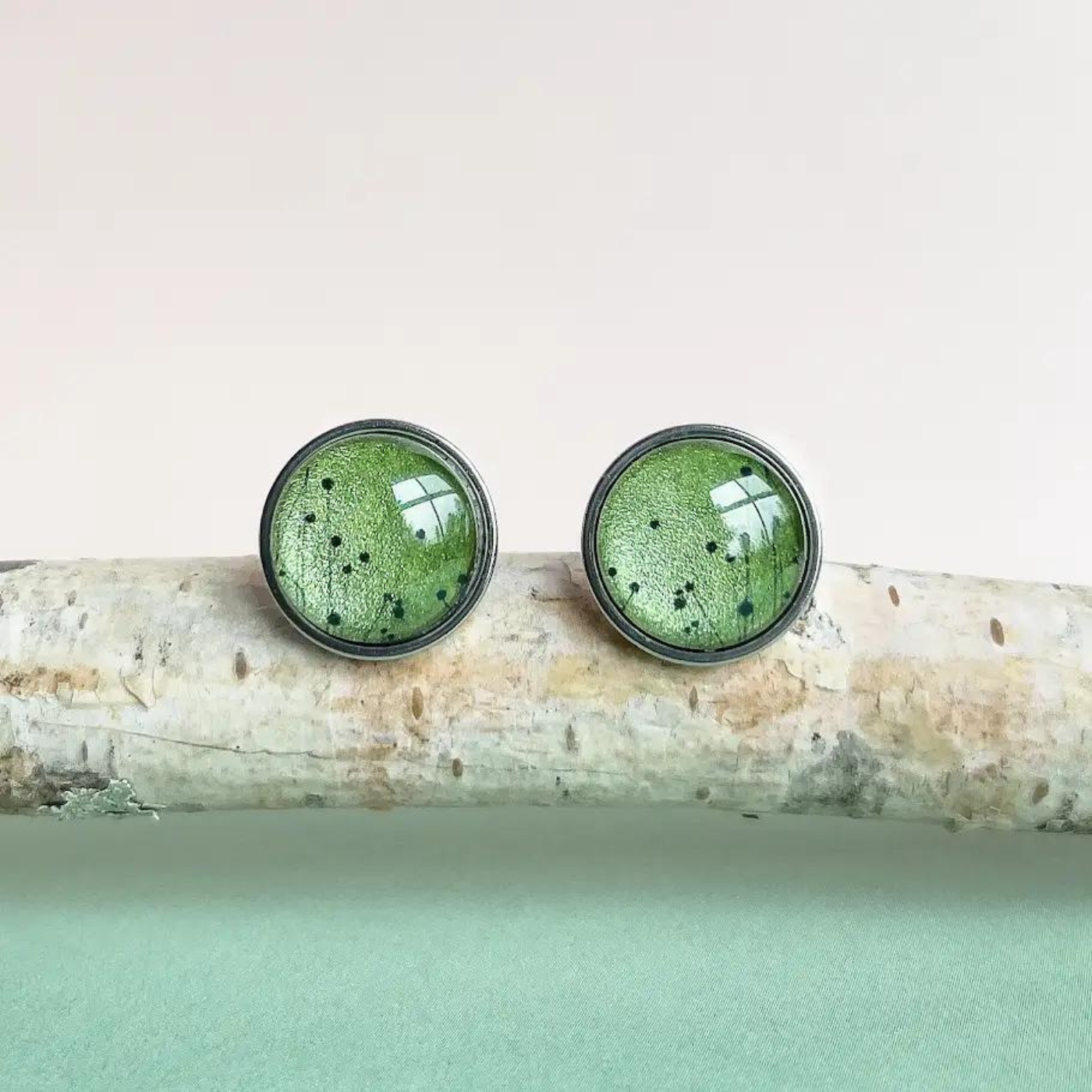 Myrtle & Me - Stud Earrings - Buttongrass - Metallic Green