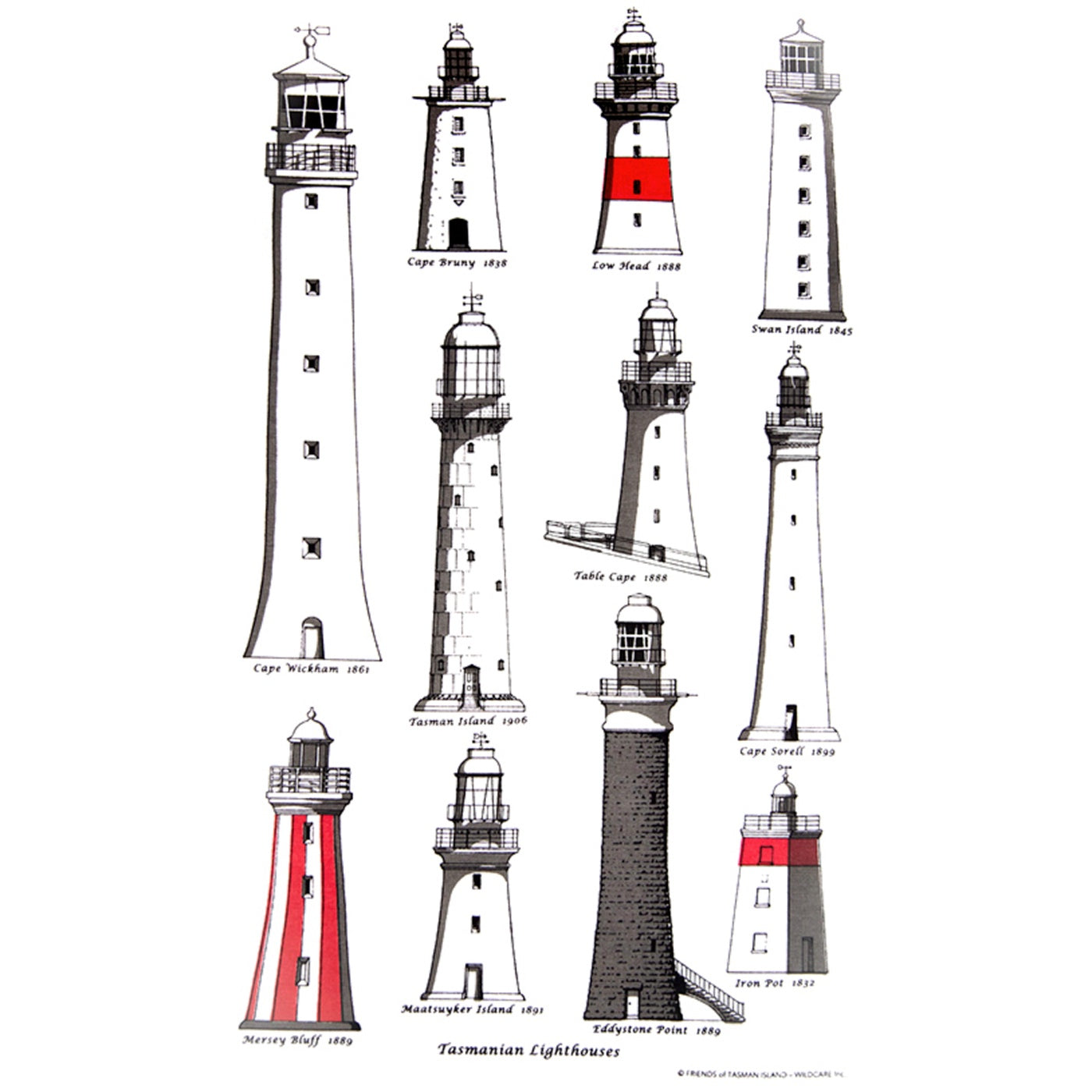 Wildcare Inc. - Tea Towel - Lighthouses of Tasmania