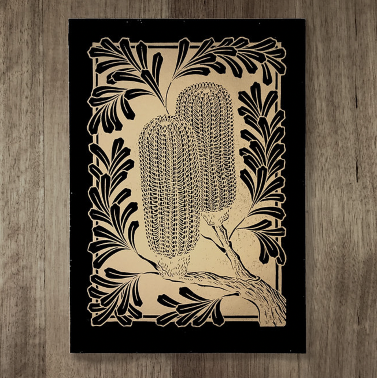 Catherine Arsaut - Art Print A4 - Banksia Marginata - Gold on Black