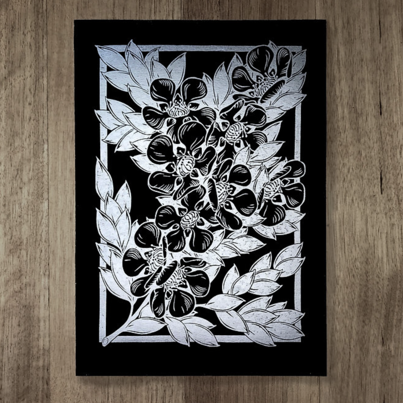 Catherine Arsaut - Art Print A4 - Tea Tree - Silver on Black
